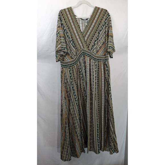 Floral Peasant Dress Maxi Cottagecore Green Striped Smocked V Neck Boho Grunge - Picture 2 of 10